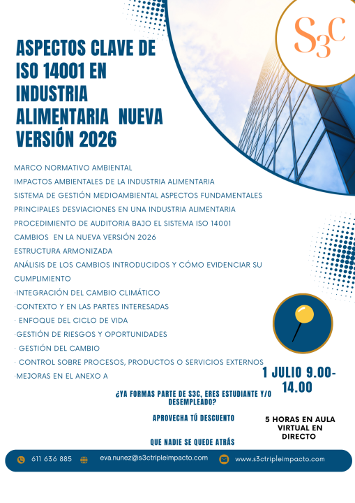  ASPECTOS CLAVE EN ISO 14001 EN INDUSTRIA ALIMENTARIA. NUEVA VERSIÓN 2026
